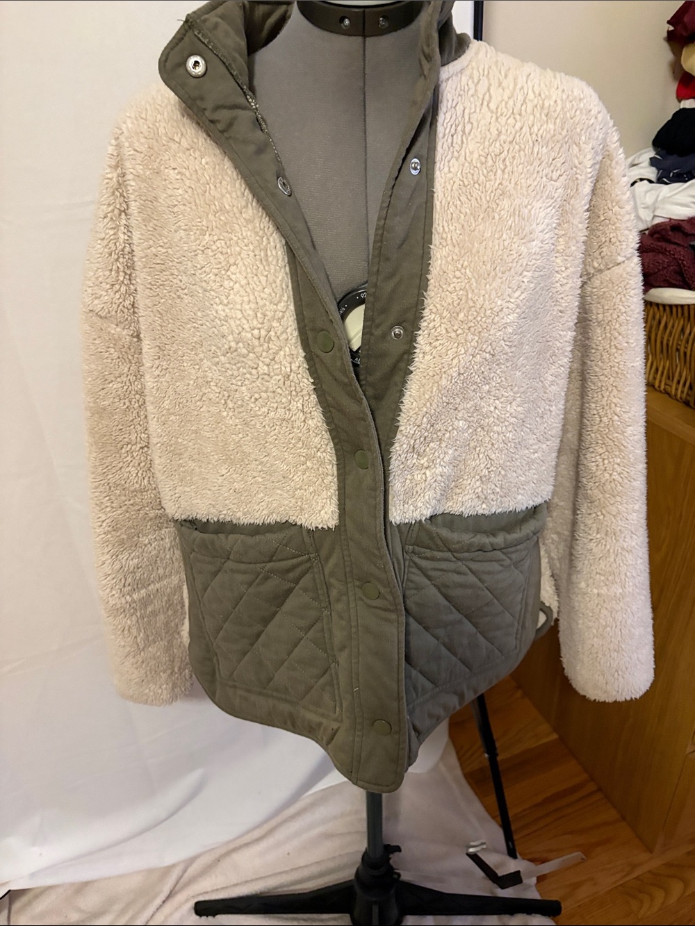 Z Supply Two-Tone Teddy Sherpa Jacket in Cream & Olive